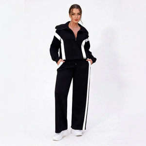 <b>Women's</b> Black <b>White</b> 2 in 1 Fleece Color Block <b>Tracksuit</b> Set Zip up Turn Down Collar Sweatshirt Full Length Pants Loose - Product Image 1