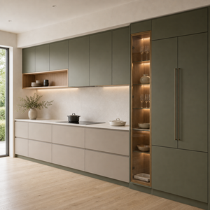 Armoires de <span class=keywords><strong>cuisine</strong></span> modernes sur mesure <span class=keywords><strong>vert</strong></span> <span class=keywords><strong>olive</strong></span> avec grand îlot, étagères à éclairage LED et appareils électroménagers intégrés pour maisons de luxe - Product Image 4