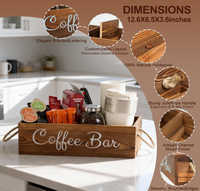 Boîte de rangement en bois pour bar à café avec poignée en corde, organisateur multi-compartiments pour sachets de café, sirops, agitateurs, comptoir de cuisine