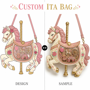 Sac à main personnalisé Ita Bag motif cheval de carrousel, spirale dorée, motif rose tourbillonnant, fenêtre transparente en forme de cœur, anneau en D, fermoir pivotant, sangle - Product Image 1