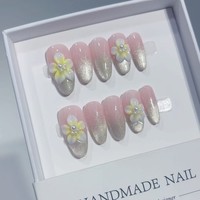 TSZS French Almond Faux Ongles à Presser Faits Main avec Décoration 3D Fleur Rose Strass Perles Réutilisables pour Femmes