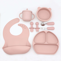 Ensemble d'alimentation pour bébé en silicone avec bavoir, assiette compartimentée, bol en forme d'ours, tasse à bec verseur, cuillère et fourchette en acier inoxydable