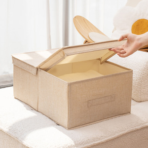 Cotton Linen Storage <b>Box</b> Rectangle With Lid Foldable Fabric Organizer For Wardrobe Closet Organizing And <b>Moving</b> Solid Color - Product Image 4