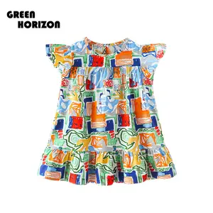 Grün Horizont 1-6Jahre Kinder Sommer 100 % Baumwolle Blumendruck ärmellose Röcke Prinzessin Blume Babykleid Mädchen für Kinder