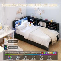 Cadre de lit en métal avec éclairage LED, station de charge USB, tiroirs de rangement et design d'angle moderne pour économiser de l'espace, idéal pour chambre à coucher