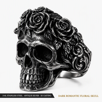 Bague Crâne Couronne Florale Gothique en Acier Inoxydable 316L Argent Vieilli, Bijou Tendance, Fabricant OEM ODM Personnalisé