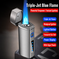 Briquet à triple flamme pour cigares, torche au butane coupe-vent avec perforateur intégré, allumage électronique en alliage de zinc