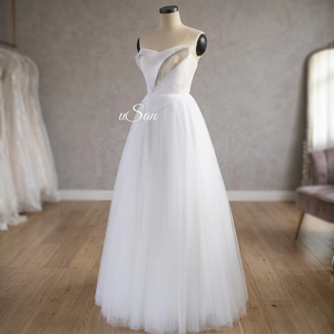 Robe de mariée moderne faite à la main OEM, design personnalisé, haute qualité, coupe A, longueur au sol, perles de luxe, dentelle élégante, jupe longue, taille plus - Product Image 3