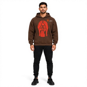 Tlierwear Men's Brown Drop Shoulder <b>Hoodies</b> With <b>Red</b> Skeleton Hands Print Casual Fleece Pullover Regular Fit Autumn Wear - Product Image 1