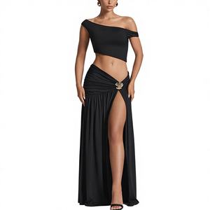 เสื้อยืดเวสต์เซ็กซี่เปิดไหล่โชว์เอวสไตล์ยุโรปอเมริกันสำหรับผู้หญิงประจำฤดูร้อนปี 2025 กระโปรงทรงเข้ารูปผ่าข้างเอวสูง - Product Image 1