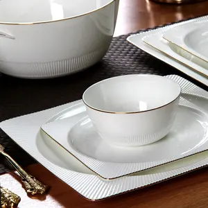 Luxury Tableware white embossed dinner Plate Bowl Dinnerware Fine Bone China with gold rim Dinner Sets