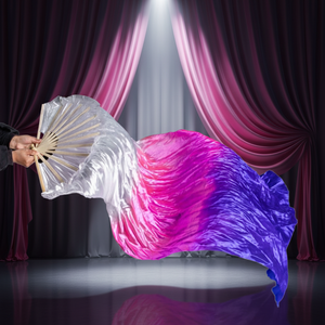 Dubbelzijdige Lange Vloeiende Zijden Waaier Voor Dansvoorstelling Driekleurige Gradiënt Lint Waaier Handgeschilderde Vierkante Dansfan - Product Image 1