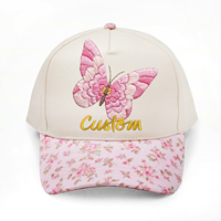 Casquettes de baseball 5 panneaux en coton floral de haute qualité avec logo brodé personnalisé, casquettes snapback sport 5 panneaux motif papillon