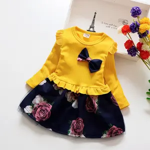 Весеннее платье для маленьких девочек с цветочным принтом; Зимняя одежда с длинными рукавами; Теплые платья с бантом для маленьких девочек; 2020