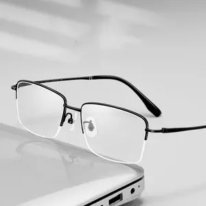 Armação de óculos semi-sem aro para homens de negócios, armação retrô vintage meia quadrada de titânio, moda de 2024