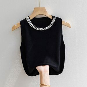 Chaleco de mujer blanco sin mangas con cuentas, top de punto para primavera y otoño, capa interior con blazer corto, camisola frontal. - Product Image 6