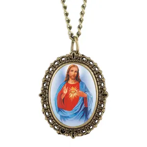 Jesus Christ Oval Pendant Analog Clock Necklace Chain Cameo Pocket Watch For Men Women Gift