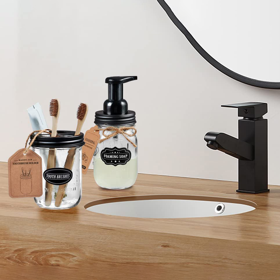 Autumn Alley Set di accessori da bagno rustici in vetro e galvanizzato (4 pezzi) – dispenser di sapone per lozione, portaspazzolino, 2 barattoli da farmacia (supporto Qtip), decorazione rustica per il