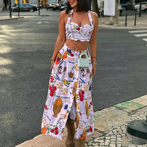 Ensemble jupe midi et crop top dos nu bohème pour femme, imprimé floral, coupe classique, robe décontractée d'été en coton tissé respirant avec fente - Product Image 1
