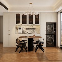 Meuble de cuisine néoclassique français sur mesure OEM ODM, blanc crème, porte vitrée cintrée, quincaillerie dorée, conception pour toute la maison