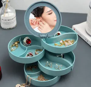 hot sale 4 layers 360 degree Rotating Jewelry Storage Box Cosmetics Organizer with Mirror Earring Ring Jewelry Casket