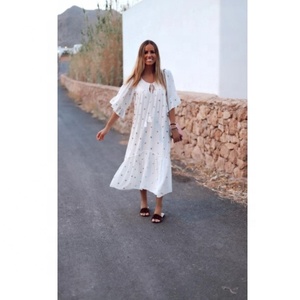 <b>White</b> Dot Print Sequined Boho <b>Maxi</b> Dress with Sleeveless Loose Fit Tie Neck Breathable Chiffon Summer Casual - Product Image 1