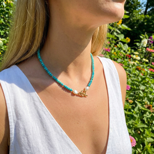 Turquoise Beaded Necklace Pearl Toggle Choker Boho Style Summer Gemstone Minimalist Design Jewelry Necklaces - Product Image 1