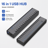 16 Portlu USB 3.2 Hub 10Gbps, VL822 Çip, 16x USB-A Bağımsız Anahtarlı, 12V Güç Adaptörü, ABS Gövde, HS082M3 Plastik