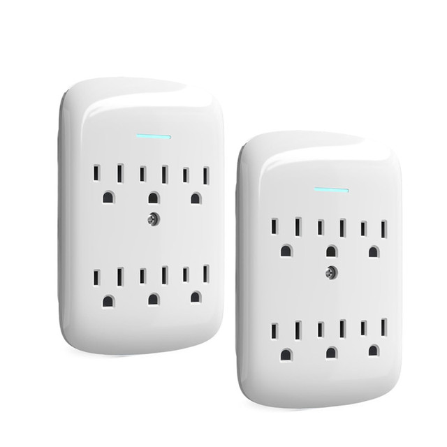 Surge Protector Wall Mount 6-Outlet Extender 2 Pack 3 Prong Grounded ABS 15A 125V ETL for Multi Plug Power Strip Adapter