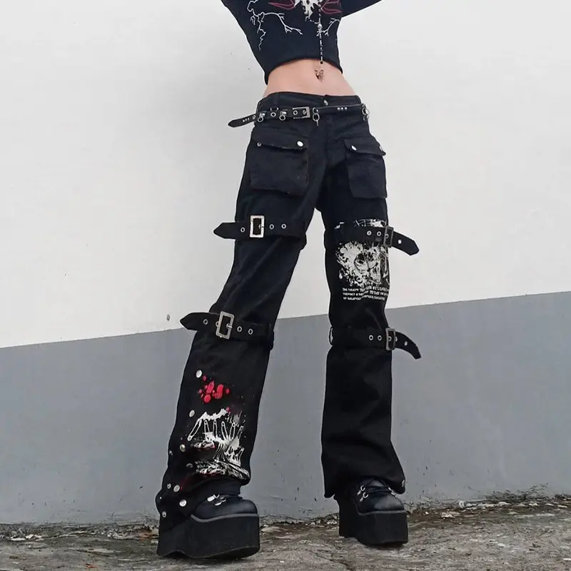 Begonia 2021 Black Punk Skull Print Mall Goth Jeans donna <span class=keywords><strong>occhiello</strong></span> fibbia pantaloni Cargo scientifici Street pantaloni tascabili grandi