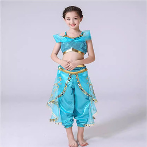 ชุดเจ้าหญิงอาหรับสีเขียวอมฟ้าสำหรับเด็กผู้หญิง เสื้อครอปปักเลื่อมพร้อมกางเกงฮาเร็ม สำหรับฮาโลวีนและงานคาร์นิวัล - Product Image 4