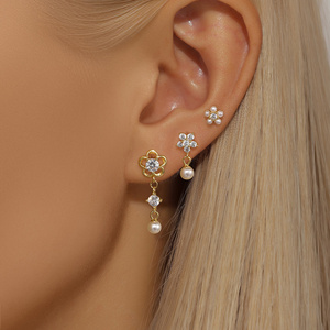 3/4Pcs <b>Set</b> Trendy Minimalist S925 <b>Sterling</b> <b>Silver</b> Zircon Sapphire Chain Dangle Hoop <b>Earrings</b> Flower Pearl <b>Stud</b> <b>Set</b> for Women - Product Image 4
