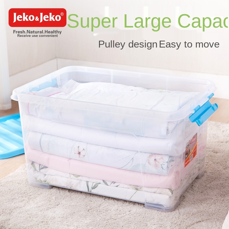 Caja De Almacenamiento De Plástico Extra Grande Jeko De 85L, Transparente Y Reforzada Para Organizar Ropa Y Alimentos, Tamaño Extra Grande