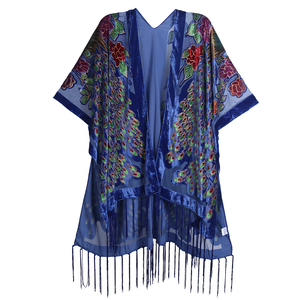Kimono de terciopelo azul real, con flecos, tipo cubrecama, chaqueta Debore, kimono de terciopelo quemado, bohemio, bata Debore con flecos, hippie, <span class=keywords><strong>Haori</strong></span> - Product Image 5