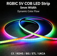 Bande lumineuse LED COB RGBIC 5V 5mm avec contrôle individuel des pixels intégré 1838 SPI, ruban LED couleur de rêve adressable IP33 ETL/BIS/RoHs