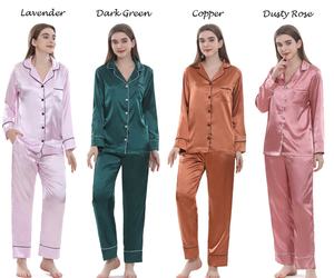 Toptan kadın kırmızı noel ipek saten 2 adet pijama seti yüksek kalite uzun kollu dönüş yaka pantolon gelin düz pijama Pjs - Product Image 4