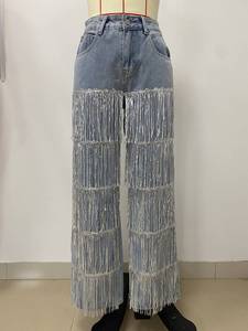 Viviblook Z105PT01 Jeans pour femmes grande taille Mode Décoration à boucle à clous Denim ample Pantalon en denim à jambe droite - Product Image 3