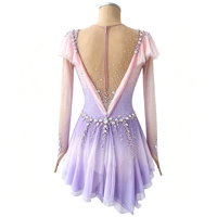 Robe de patinage artistique à col volanté dégradé rose et violet avec strass, manches longues, en tissu mesh pour compétition de patinage sur glace pour adultes et enfants
