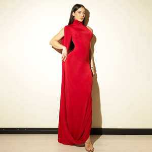 Vestido de Noche Largo Elegante para Mujer con Cuello Alto, Hombros Descubiertos, Color Sólido y Abertura, con Ajuste en la Cintura, a la Moda - Product Image 1