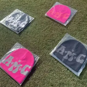 Custom High Quality Acrylic Beanie Jacquard Logo All Over Letters Parts Print With Logo Knit Beanie Hats