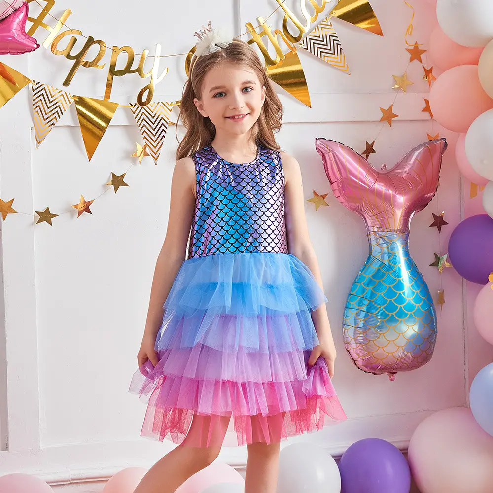 Baby Girl Birthday Party Cake Tutu Dress Cute Rainbow Tulle Mermaid Dress