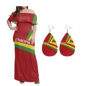 Jamaica cờ nghệ thuật phụ nữ lạnh Vai Dresses phù hợp với Giọt Nước Mắt Da Bông Tai Bộ Thả vận chuyển Lady Đảng DRESS tùy chỉnh dres