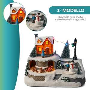 Scène de village de Noël avec maison, rennes, traîneau, bonhomme de neige, lumières et mouvements, 23,5x16x17 cm, décoration de fêtes - Product Image 3