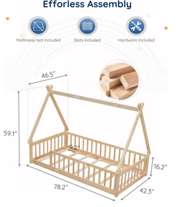 <span class=keywords><strong>โครง</strong></span>เตียงแบบตั้งพื้นพร้อมราวกั้นและหลังคา เตียงเต็นท์ไม้สำหรับเด็ก เด็กหญิง และเด็กชาย ลายธรรมชาติ - Product Image 2