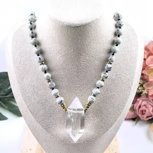 सफेद क्वार्ट्ज क्रिस्टल डबल पॉइंट पेंडेंट योग नेकलेस हस्तनिर्मित 8 मिमी कीवी जैस्पर महिला माला गहने - Product Image 2