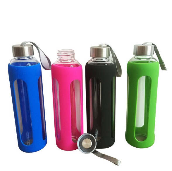 Classic Glass Water Bottle with Black Silicone Sleeve Stainless Steel Lid Water Bottle