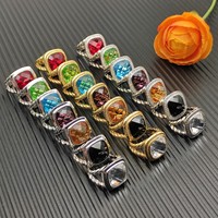 Bague carrée de 14 mm plaquée argent de haute qualité sertie de diamants, Bague plaquée or sertie de pierres précieuses colorées, Bijoux en gros