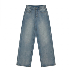 Anjie – Nouveauté : Jean large pour femme avec logo personnalisé, OEM/ODM, marque privée, taille haute, délavage vintage, denim perlé – Vente en gros directe usine - Product Image 1