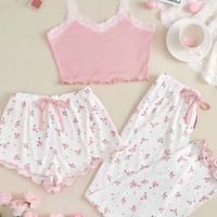 Ensemble de pyjama floral pour femmes, 3 pièces, camisole sans manches, shorts, pantalon, vêtements de détente, vêtements de nuit d'été, grande taille, vente en gros, OEM personnalisé