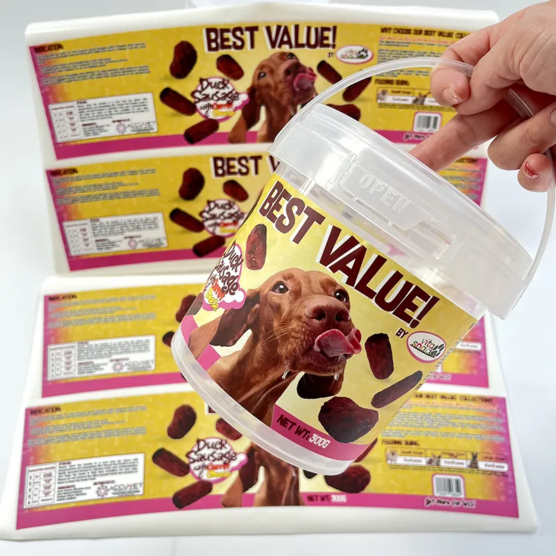 Étiquettes en vinyle imperméable synthétique à impression personnalisée autocollant d'étiquette d'emballage adhésif pour saucisse de chien 2024